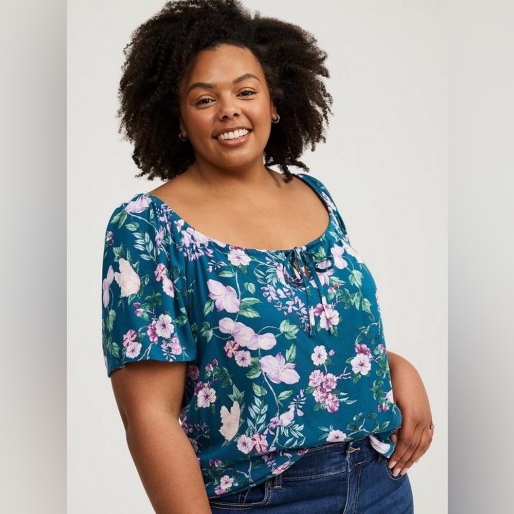 Torrid Flutter Short Sleeve Blouse, Tie Neckline, Teal Blue Floral, Women's 3X